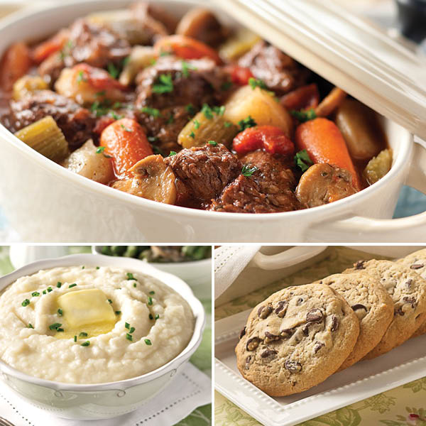 Traditional Beef Stew Dinner, featuring Traditional Beef Stew (top), Creme Fraiche Mashed Potatoes, and Chocolate Chip Cookies (left to right)