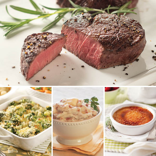 Filet Mignon Dinner for Two featuring Beef Filet Mignon (top), Broccoli Parmesan Gratin, Garlic Mashed Potatoes, and Creme Brulee (bottom left to right)