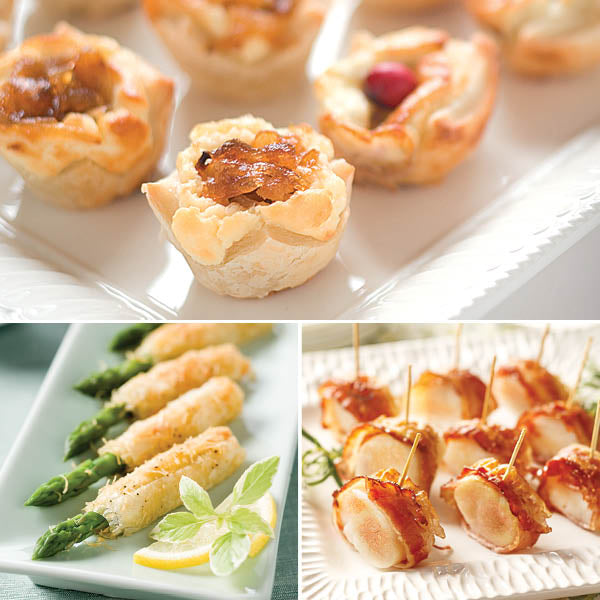 Favorite Hors d'oeuvres Assortment featuring Pastry Blossoms, Asparagus Asiago Spears, and Bacon Wrapped Scallops.