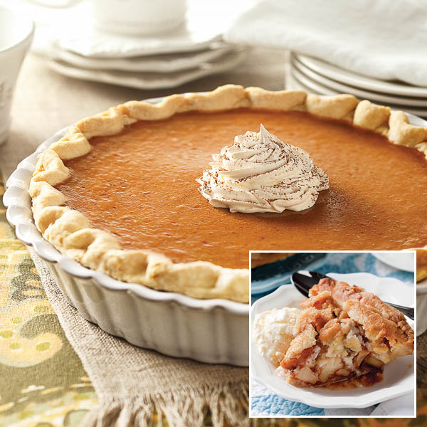 Holiday Pie Duo, featuring 9" Pumpkin Pie and 8" Apple Pie (inset)