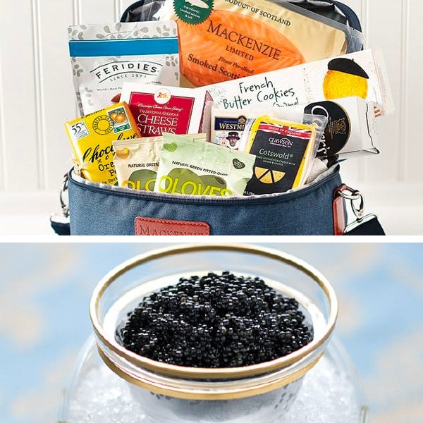 Mackenzie Collection Gift Basket featuring smoked salmon, American Beluga caviar, imported cheeses, crackers, olives, and more!