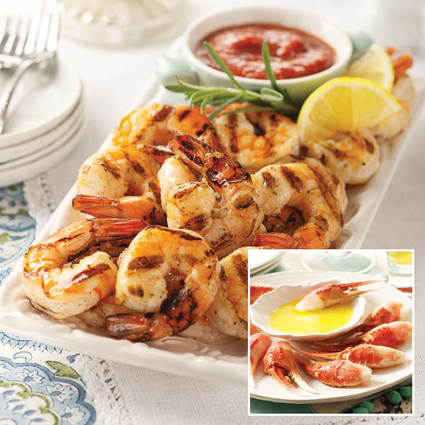 Seafood Cocktail Collection featuring Grilled Shrimp Cocktail (main) and Cocktail Crab Claws (inset)