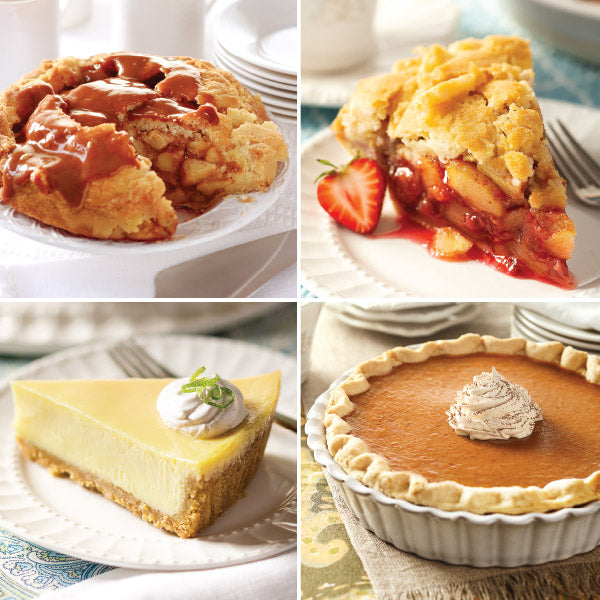 Southern Pie Sampler, featuring Caramel Apple Pie, Strawberry Rhubarb Apple Pie, Key Lime Pie, and Pumpkin Pie.