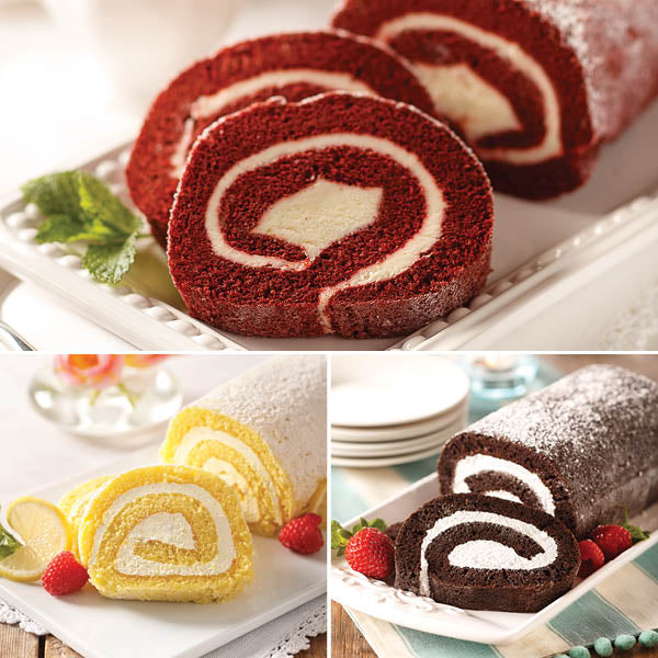 Swirl Cake Trio Collection featuring Red Velvet Swirl Cake, Lemon Creme Swirl Cake, and Chocolate Swirl Cake