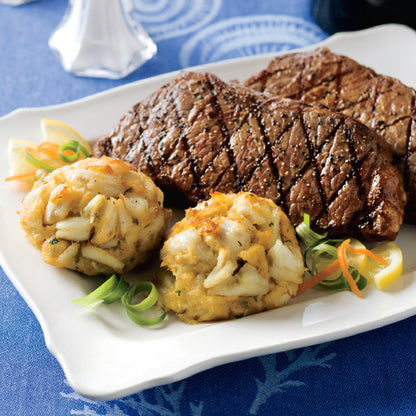 featuring New York Strip Steaks and Perfect Crab Cakes (top)