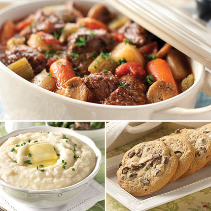 Traditional Beef Stew Dinner, featuring Traditional Beef Stew (top), Creme Fraiche Mashed Potatoes, and Chocolate Chip Cookies (left to right)