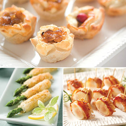 Favorite Hors d'oeuvres Assortment featuring Pastry Blossoms, Asparagus Asiago Spears, and Bacon Wrapped Scallops.