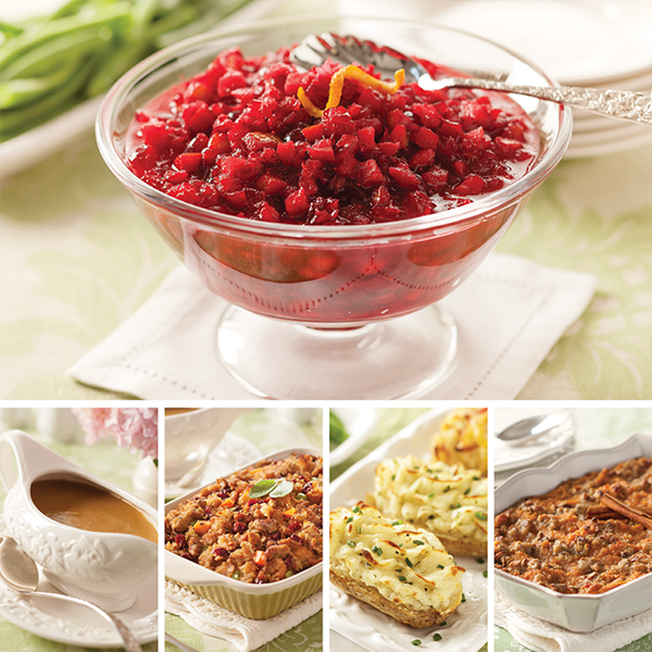 Holiday Esssential Sides Collection featuring Cranberry & Orange Relish, Homemade Turkey Gravy, Cranberry Sausage Stuffing, Sour Cream & Chive Twice Baked Potato, and Sweet Potato Casserole