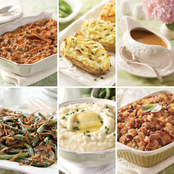 Holiday Side Dish Sampler, featuring (from top left to bottom right) Sweet Potato Casserole, Sour Cream & Chive Twice Baked Potatoes, Homestyle Turkey Gravy, Green Bean Casserole, Crème Fraîche Mashed Potatoes, and Cranberry Sausage Stuffing.
