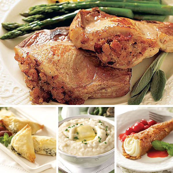 Stuffed Pork Chop Complete Dinner, featuring Stuffed Pork Chops (top), Spanakopita, Crème Fraîche Mashed Potatoes, and Cheesecake Praline Cones (left to right).