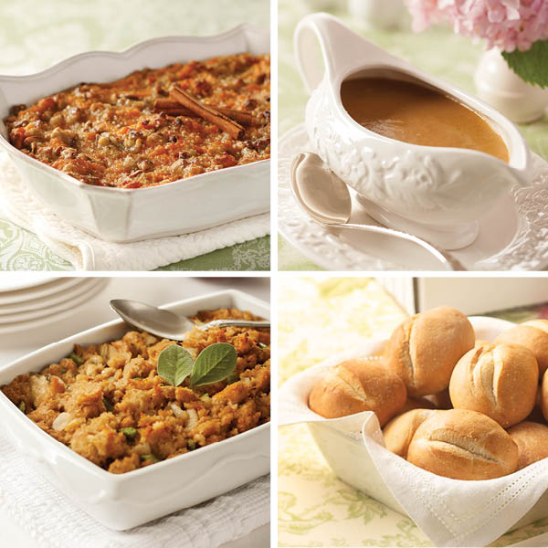 Turkey Dinner Side Dish Sampler, featuring Sweet Potato Casserole, Homestyle Turkey Gravy, Traditional Herb Stuffing, and Gourmet Dinner Rolls (from top left to bottom right).